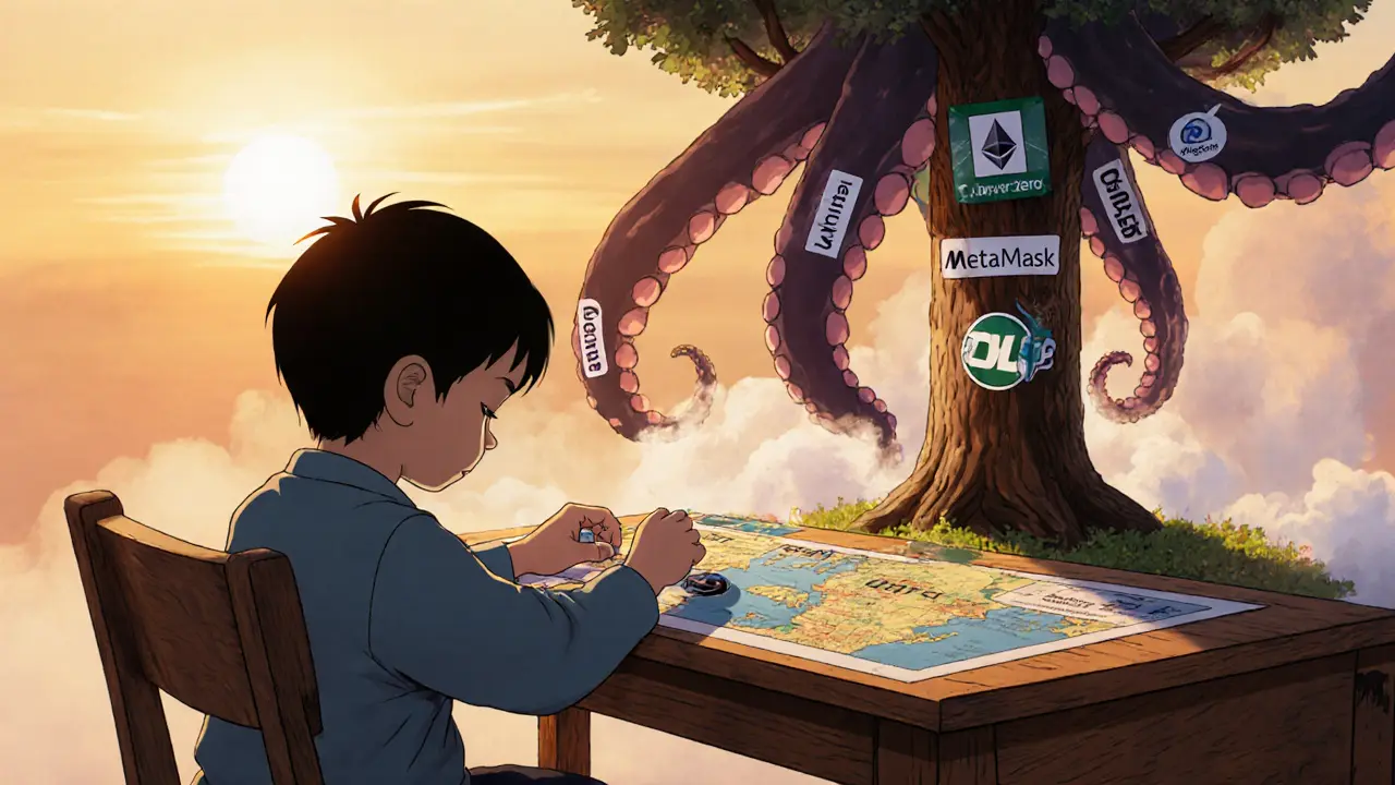 A child places trust stickers on a glowing tree while shadowy scam tentacles dissolve in sunrise light.