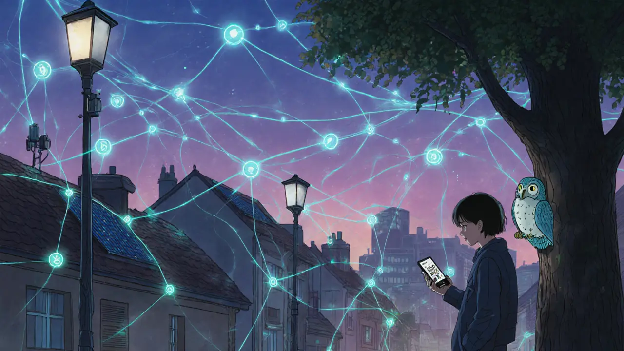 A city at dusk connected by ethereal data vines, with citizens and sensors sharing clean air data.
