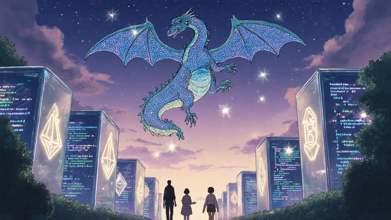 A city with glass buildings displaying data flows, people with glowing wallets, and a code dragon circling at dusk.