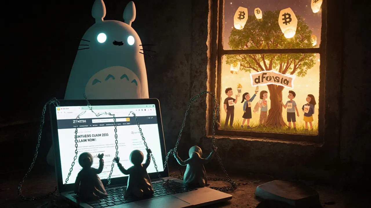 A digital ghost emerges from an old laptop with fake airdrop pages, while real projects bloom in the distance.