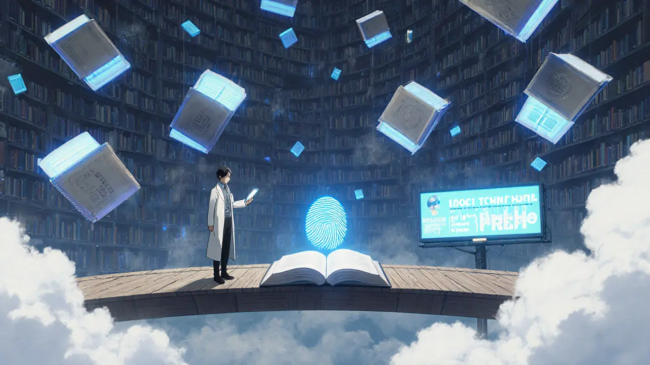 A digital library floats in clouds, a scientist examines a cryptographic fingerprint, false ads flicker nearby.