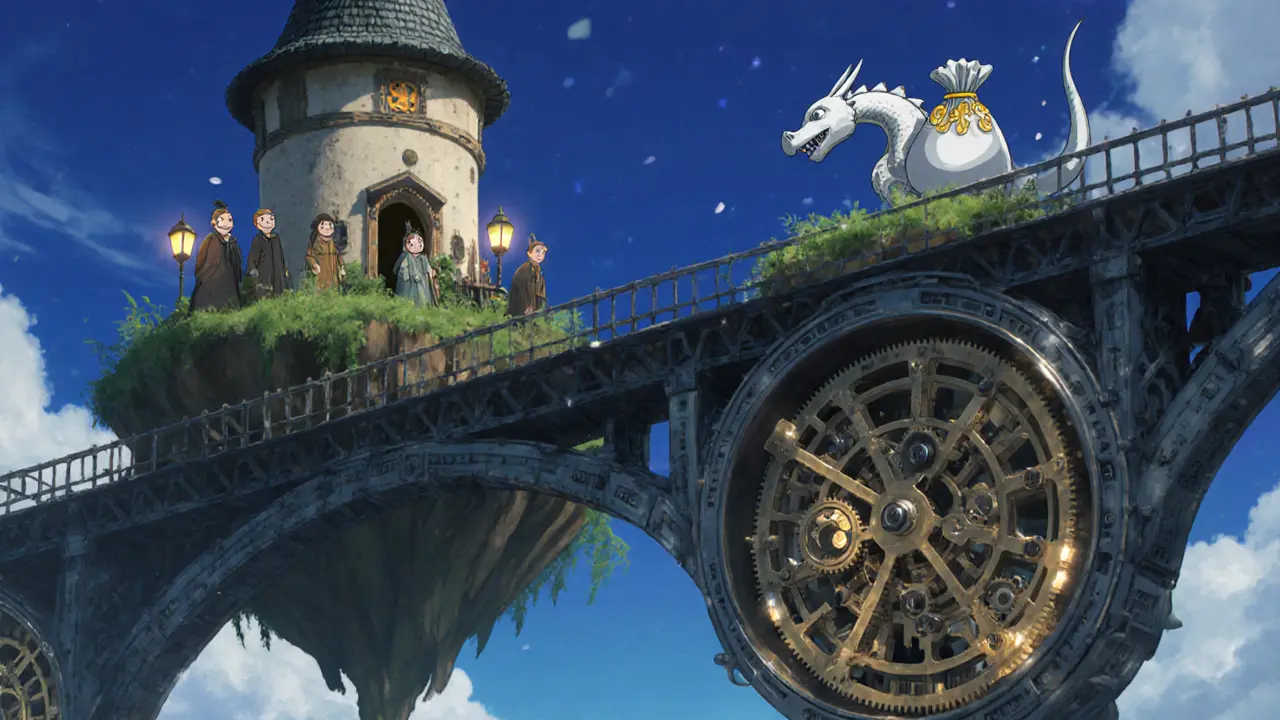 A dragon carries crypto coins over two contrasting bridges—one with a cozy tower, the other a quiet clockwork mechanism.