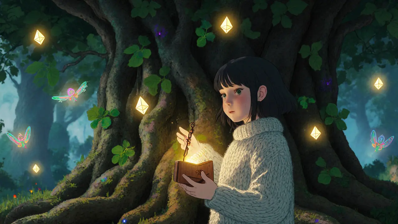 A girl touching a blockchain tree with NFT leaves, surrounded by glowing spirit programs in a soft forest.