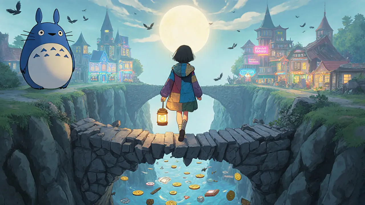 A girl walks across a crumbling bridge of smart contracts, leaving behind dark ruins toward glowing, thriving exchanges.