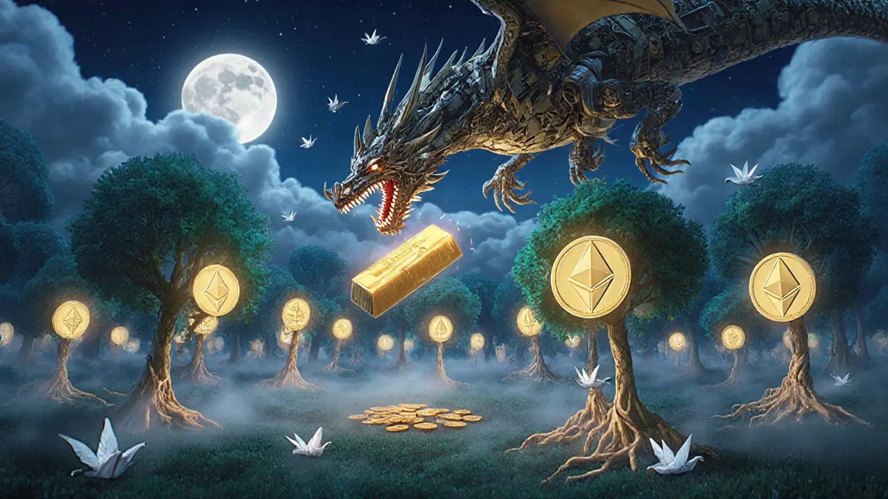 A glowing forest of ETH trees with a mechanical dragon trying to uproot them under a moonlit sky.