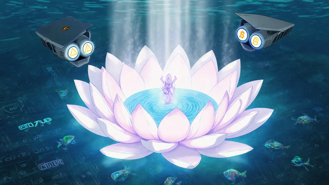 A glowing lotus-shaped DeFi pool emits spirits of privacy coins as AI drones hover above, with wallet addresses glowing beneath like fish.