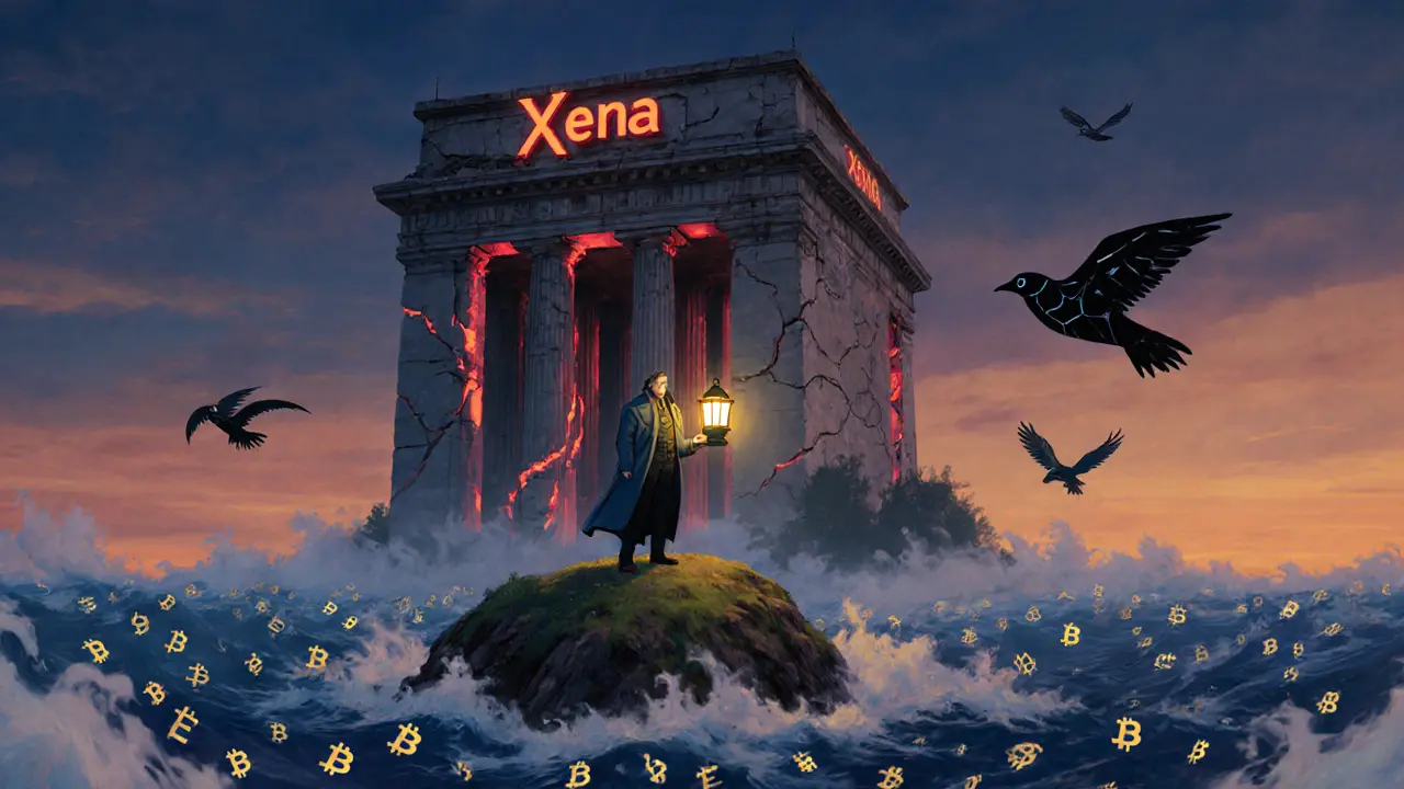 A lone figure on a floating island faces a crumbling exchange tower under a stormy sky.