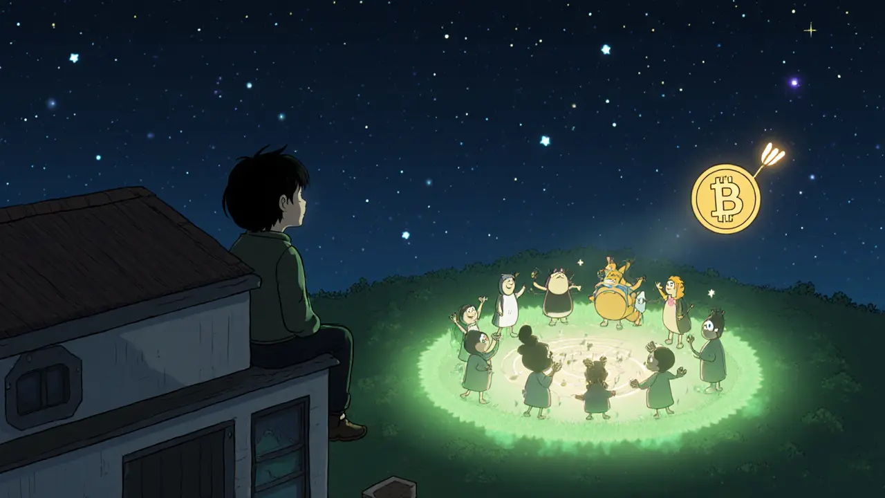 A lone landowner sits on their rooftop at night, watching blockchain nodes shine like stars above their glowing digital property.