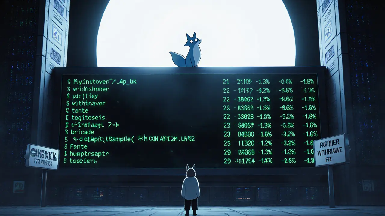 A lone trader facing an empty trading board, watched by a glowing fox spirit, under a moonlit sky.