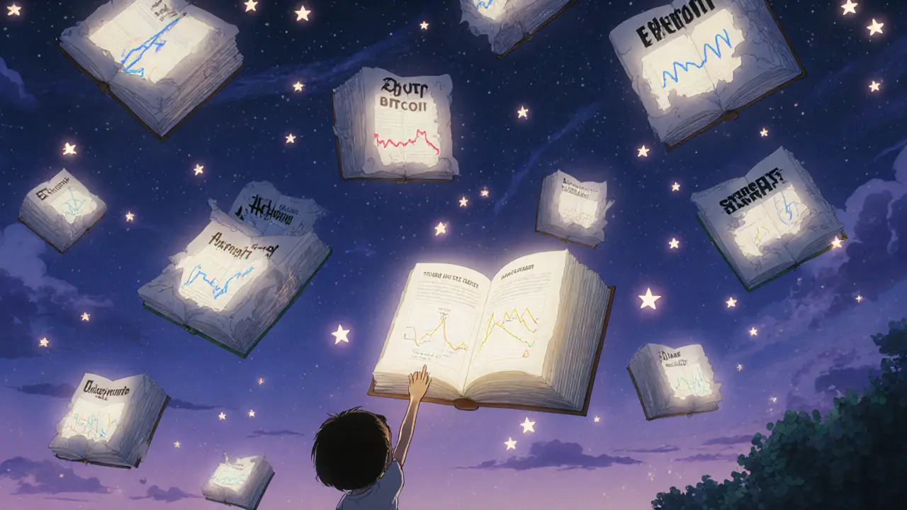 A magical library of floating crypto books displays animated volatility graphs, with a child reaching out as fireflies of data glow around them.