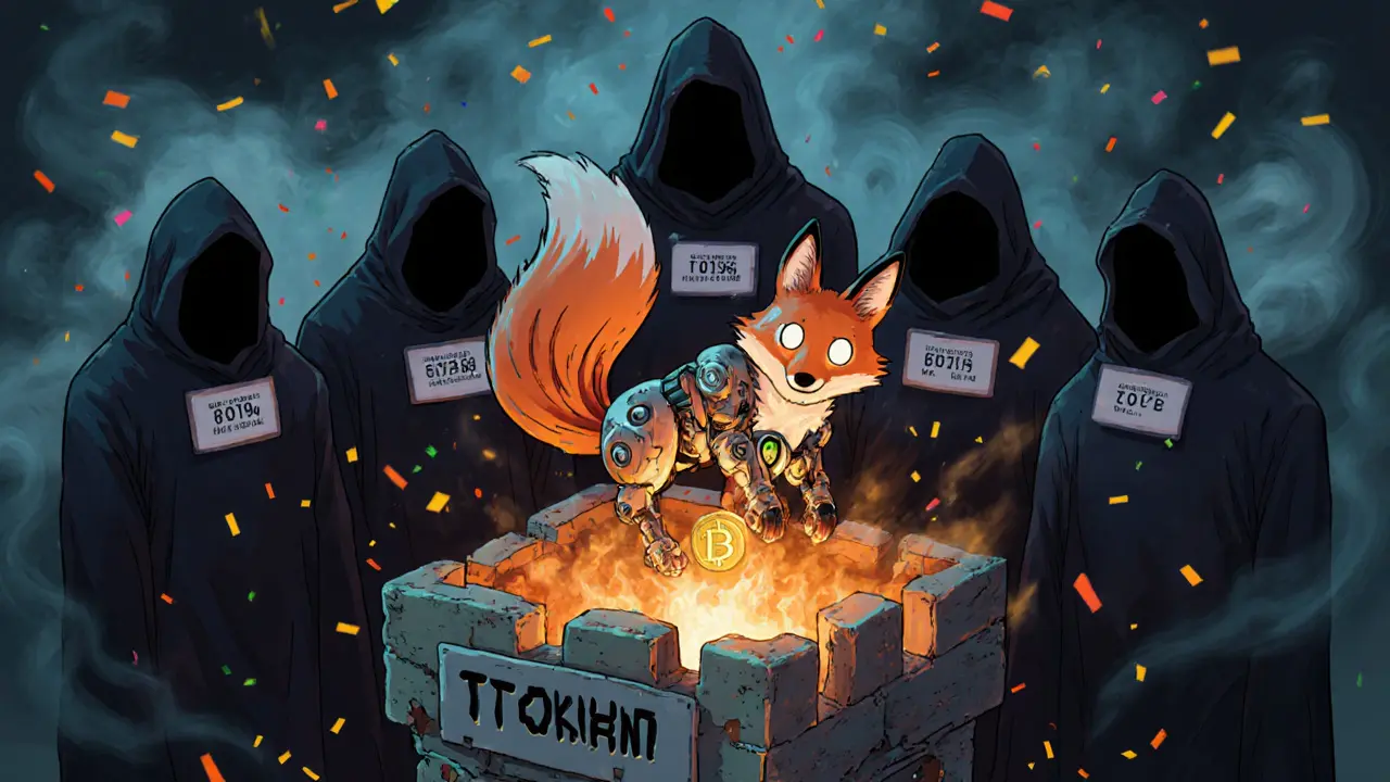 A mechanical fox with blockchain code tail burns a coin in a furnace as shadowy figures watch silently.