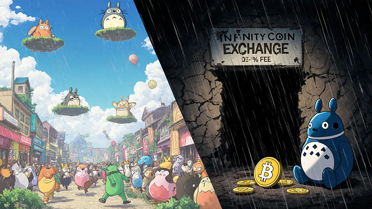 A peaceful active crypto hub contrasts with a dark, ruined exchange where a robot holds a dead token.