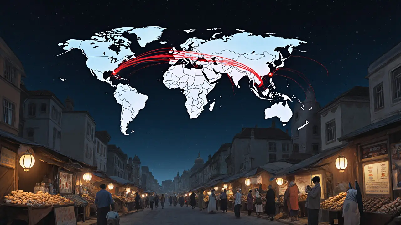 A peaceful Russian market below a glowing map of international crypto flows, with people unaware of the transactions above.