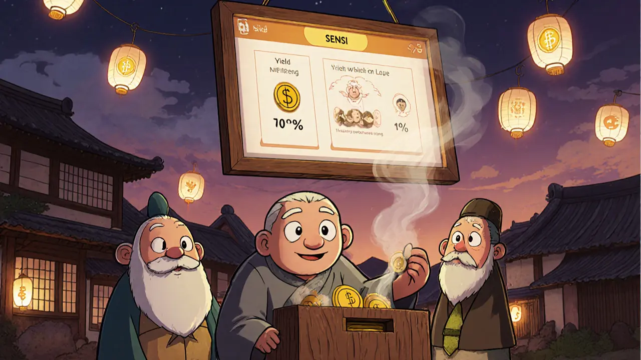 A peaceful village with villagers using a friendly DeFi app interface, glowing NFT cards, and gentle token burns.