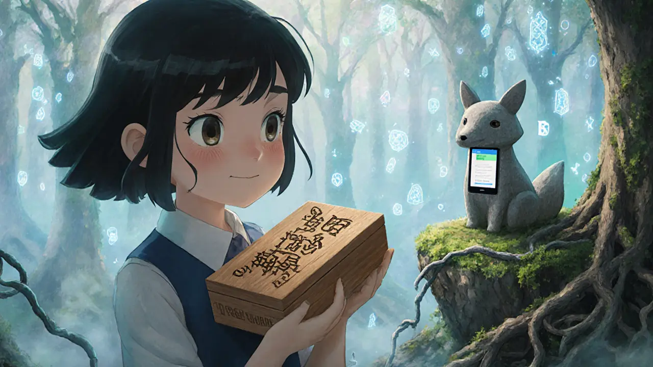 A person holding a wooden box with glowing seed words, surrounded by floating blockchain nodes in a forest.