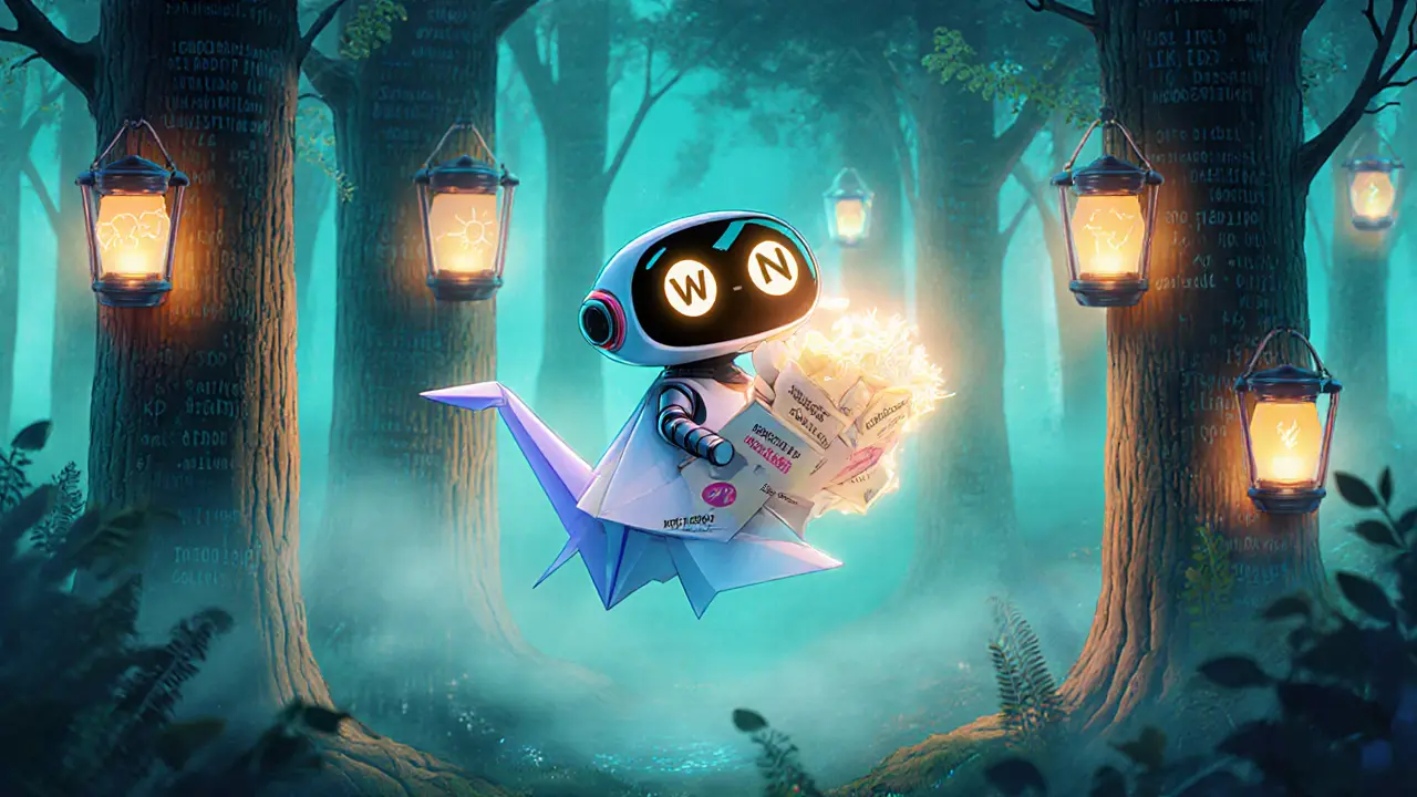 A robot on a paper crane carrying data scrolls through a digital forest lit by glowing lantern nodes.