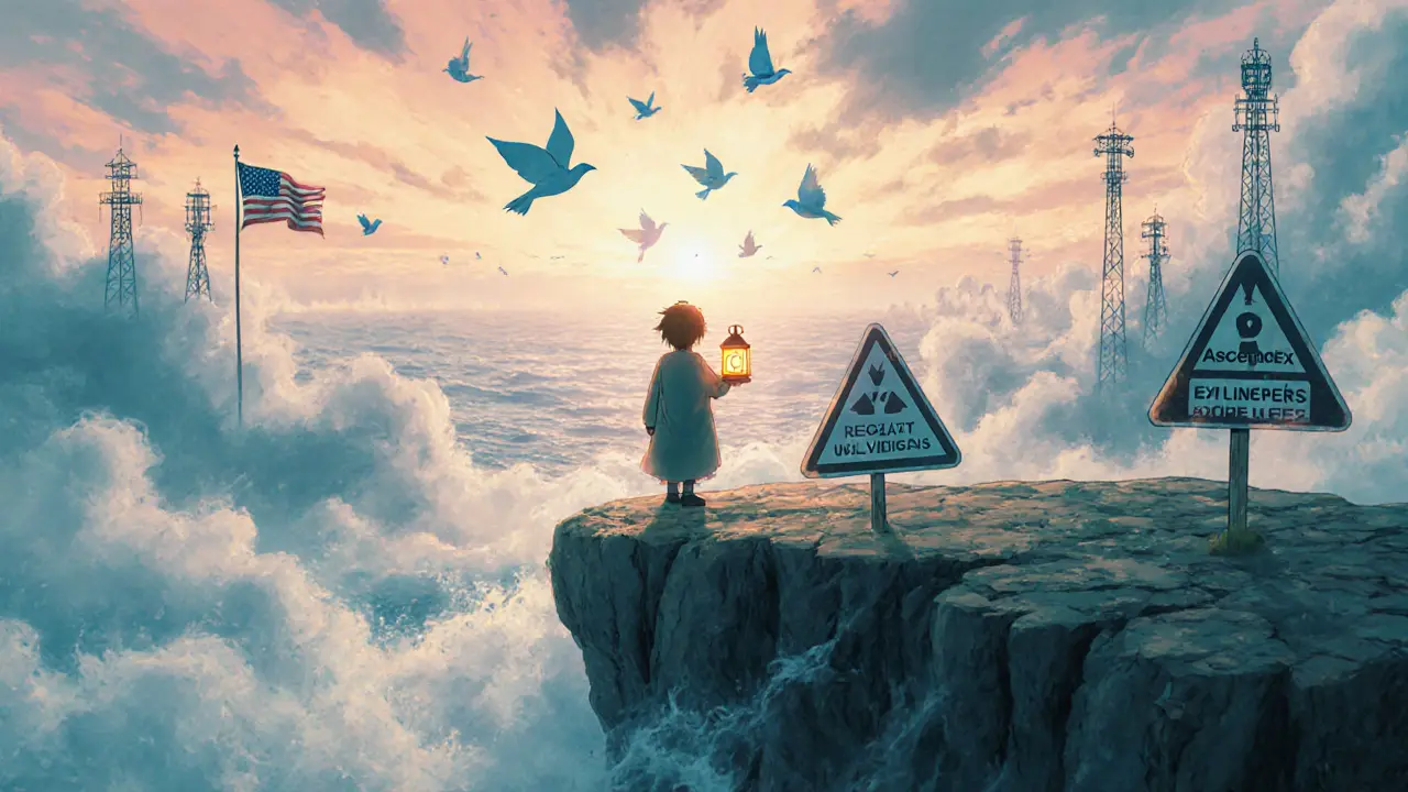 A solitary figure on a cliff holding a lantern labeled AscendEX, with regulatory warnings dissolving into mist as token birds fly toward sunrise.