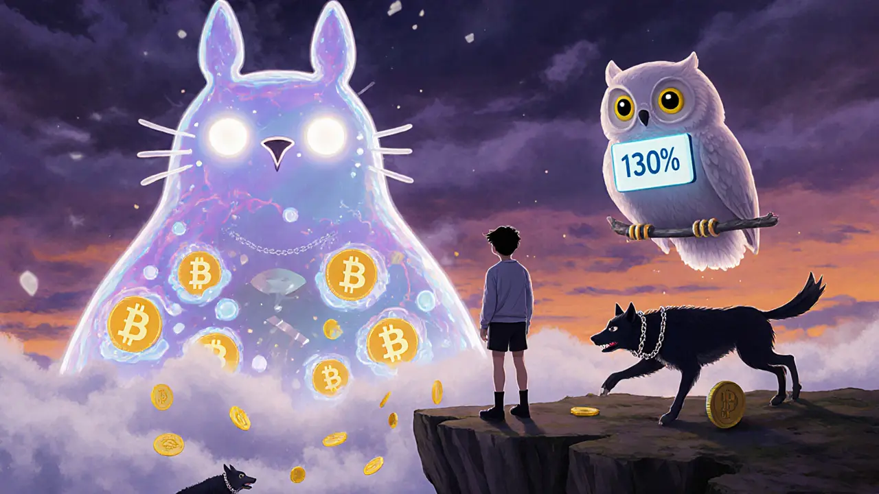 A teenager faces a glowing spirit representing collateral ratio, as digital wolves chase falling coins under a twilight sky.