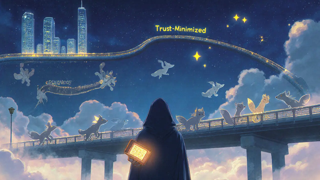 A traveler chooses a celestial bridge of floating block headers under a starlit sky, representing trust-minimized security.