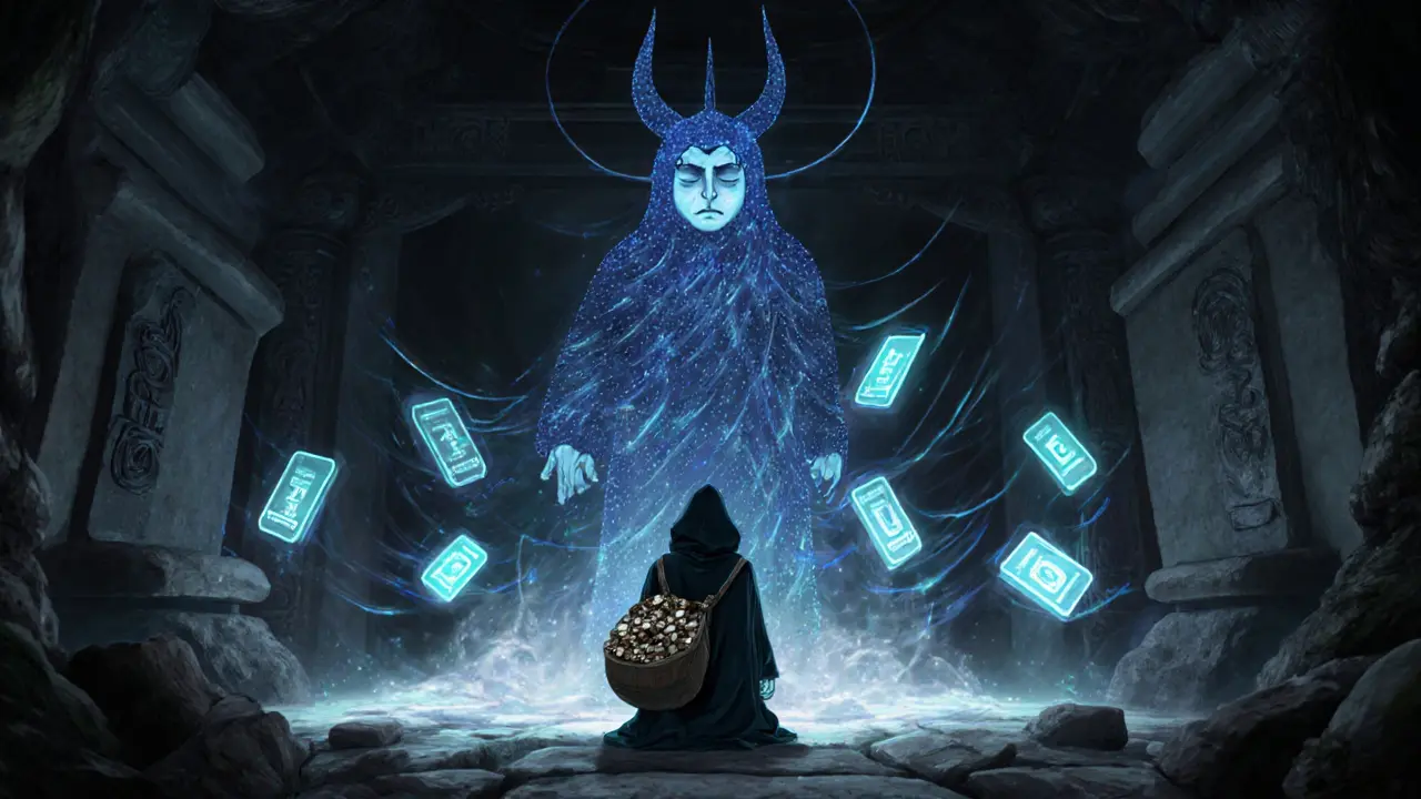 A traveler kneels before a digital guardian spirit as 223 AvaAce NFTs glow like sacred talismans.