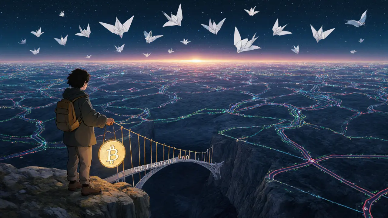 A traveler stands before a fragile bridge of WOETH pathways under a starlit digital sky.