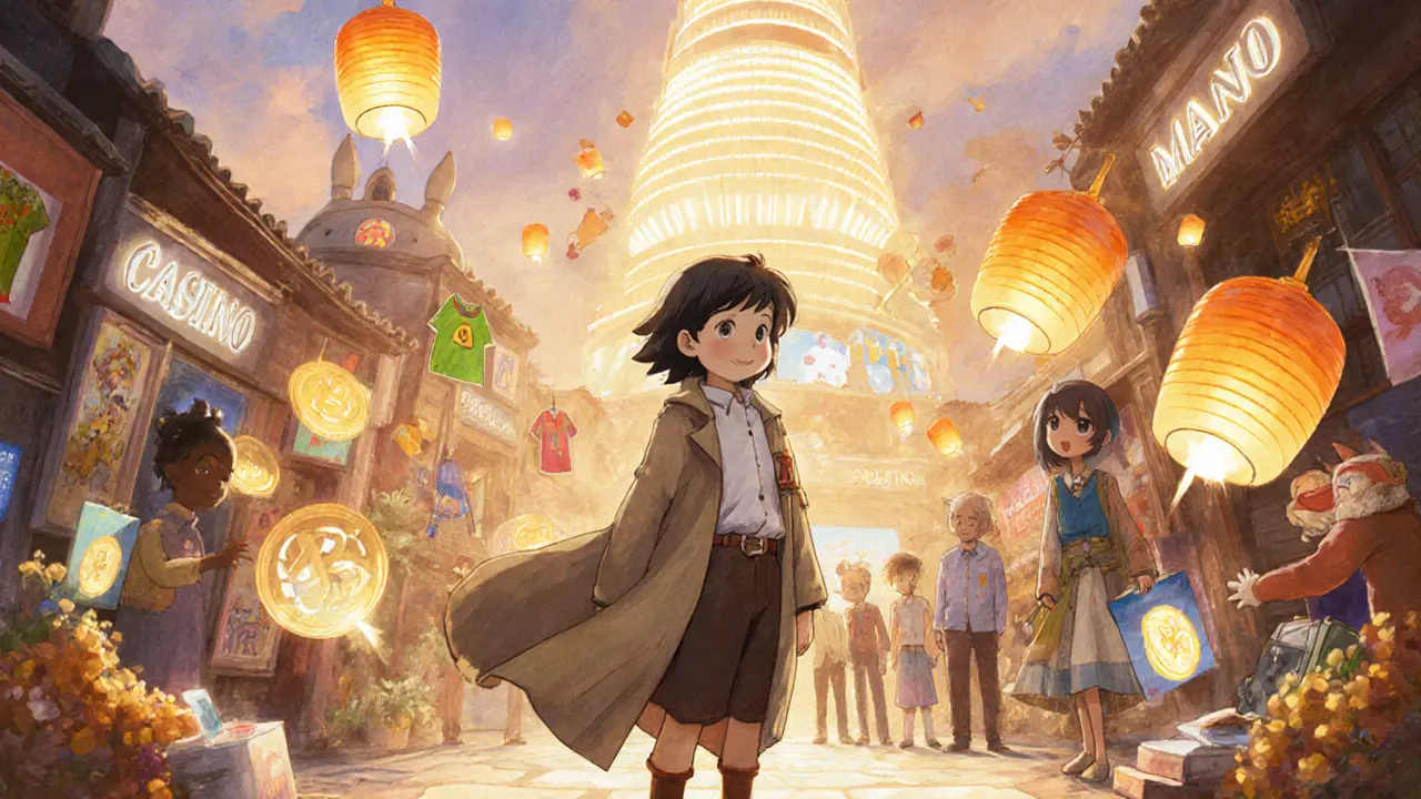 A young explorer in a soft coat explores a glowing virtual marketplace filled with floating NFT art and voting tokens.