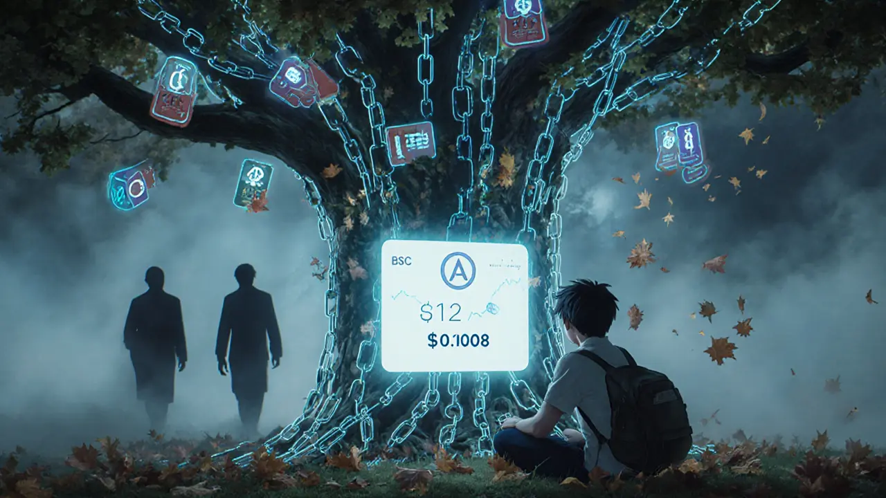 A young player under a chain-tree watches a falling token price as former players vanish into mist and dissolving cards.