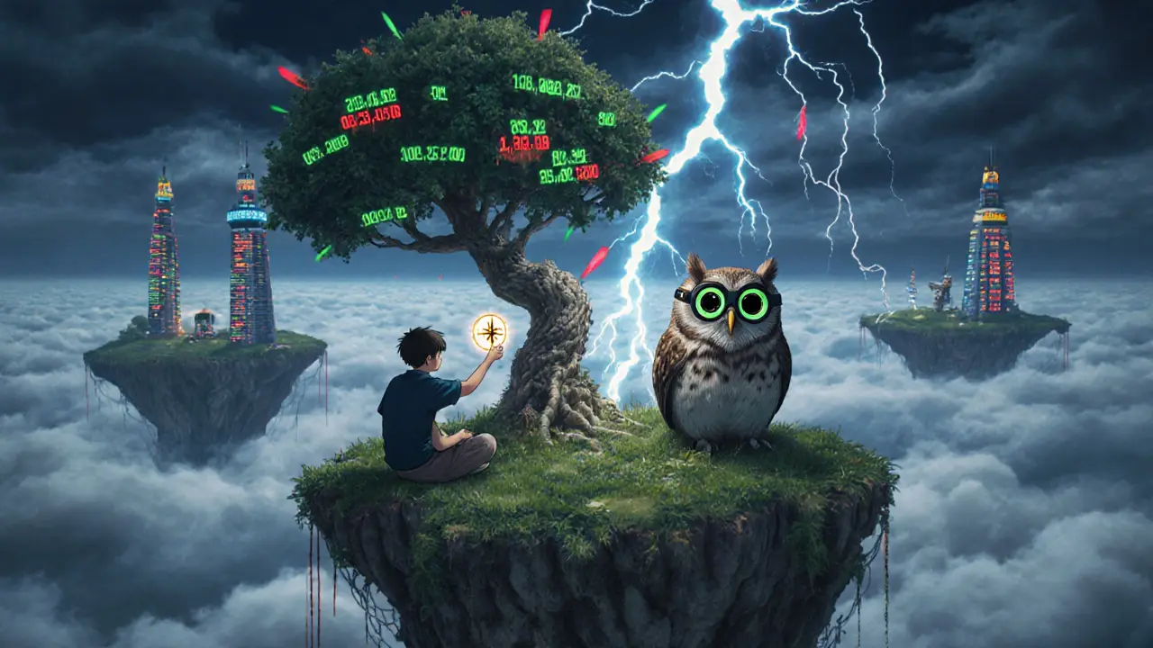A young trader on a floating chart-island watches a volatility storm with a wise owl perched nearby, surrounded by flickering exchange towers.