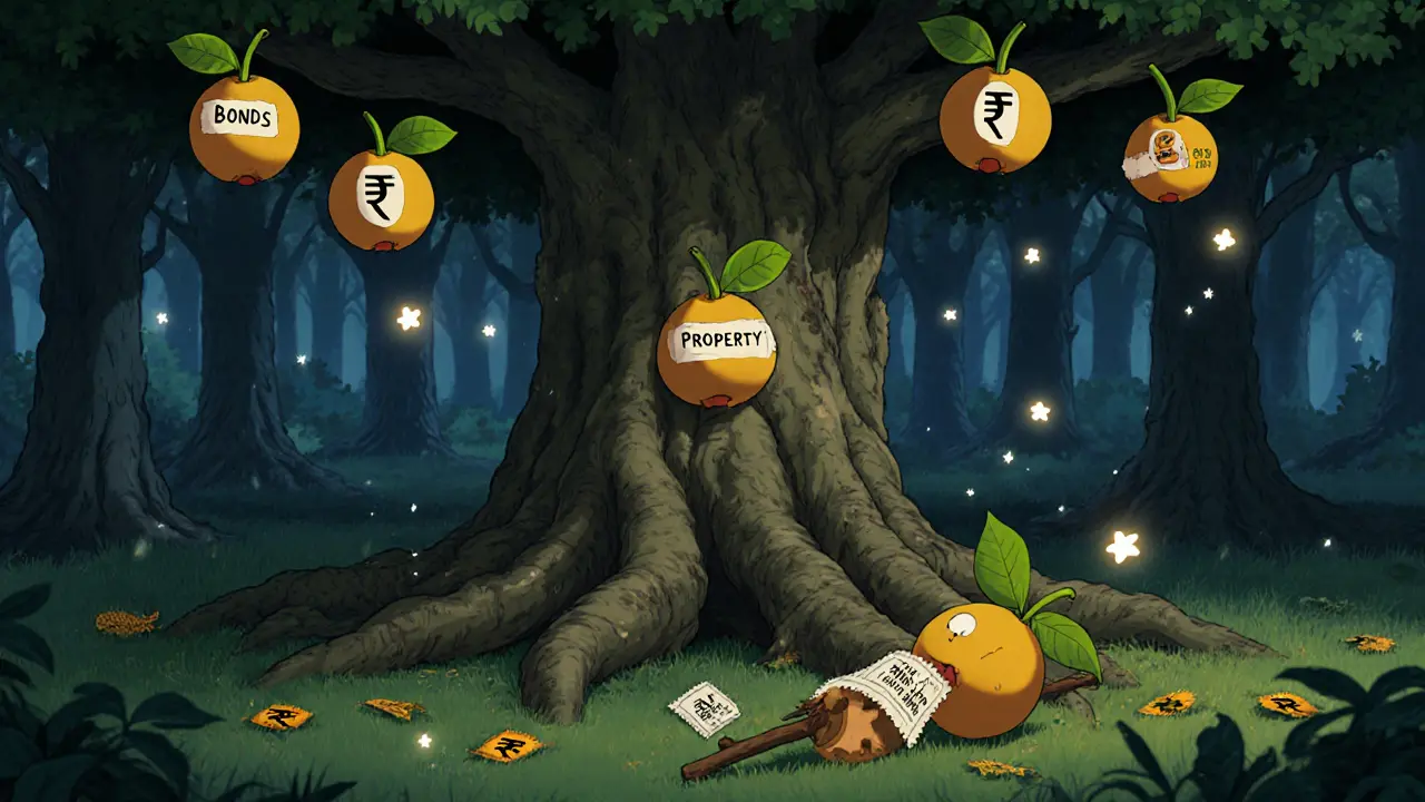 An ancient tree with fruit labeled investments, but crypto branch broken on the ground.