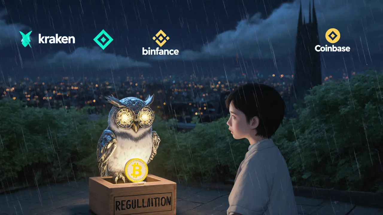An apprentice receives a Bitcoin from a mechanical owl as regulated exchanges glow in the distance.