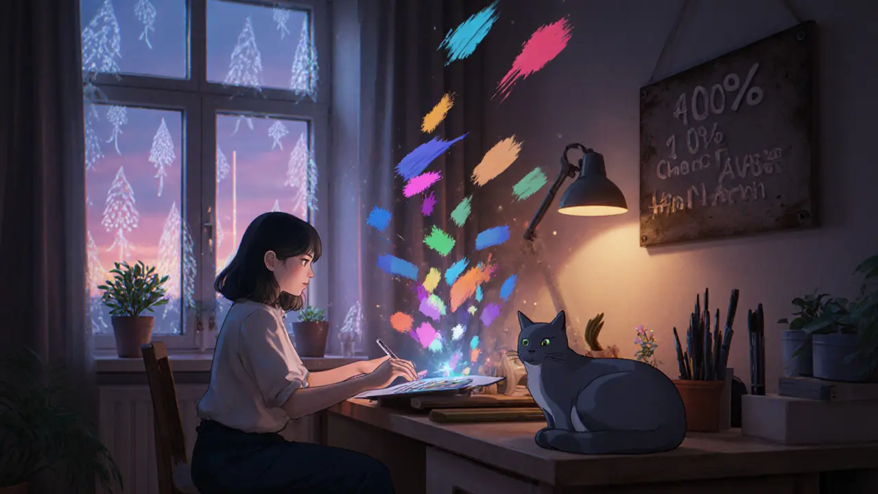 An artist training an AI model in a cozy studio, surrounded by floating pixels and glowing GPU trees, inspired by Studio Ghibli’s warm aesthetic.