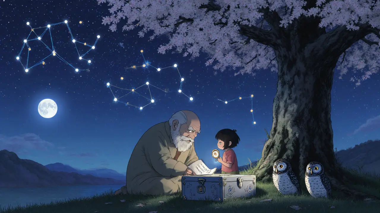 An elder burying a seed phrase under a cherry tree as a child holds a lantern-shaped hardware wallet at dusk.