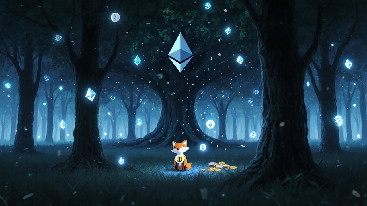 An empty digital forest with only 12 dApp trees, while a giant Ethereum tree looms in the distance.