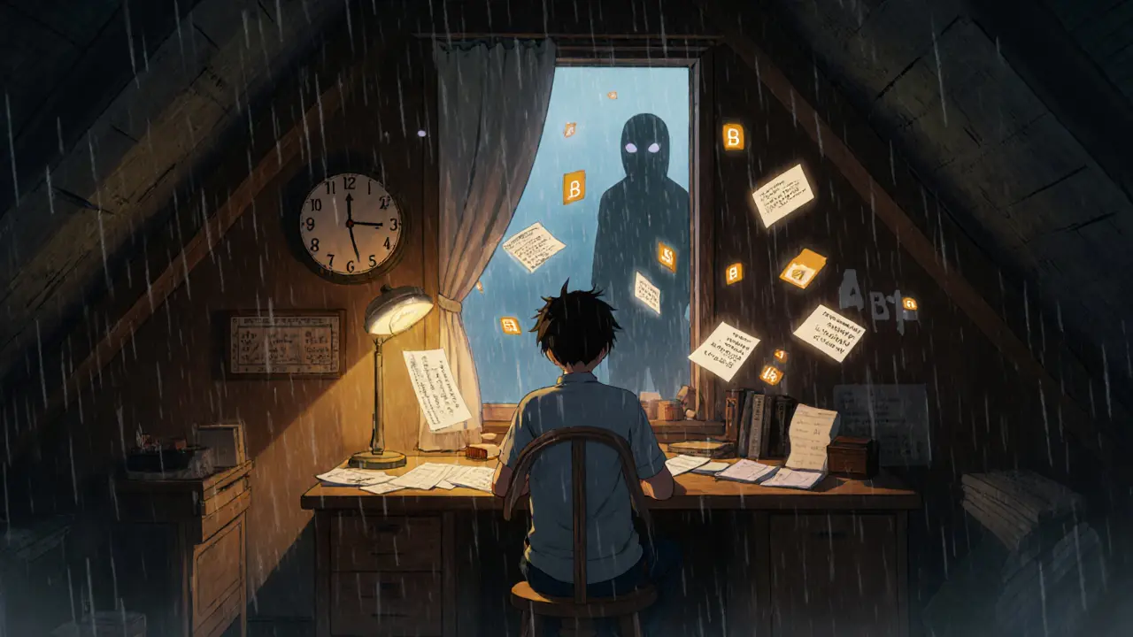 An NRI at a desk surrounded by glowing crypto records as a tax shadow looms outside.