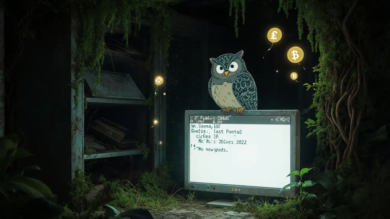 An overgrown server room with a mechanical owl on a flickering monitor, fireflies of token symbols drifting in silence.