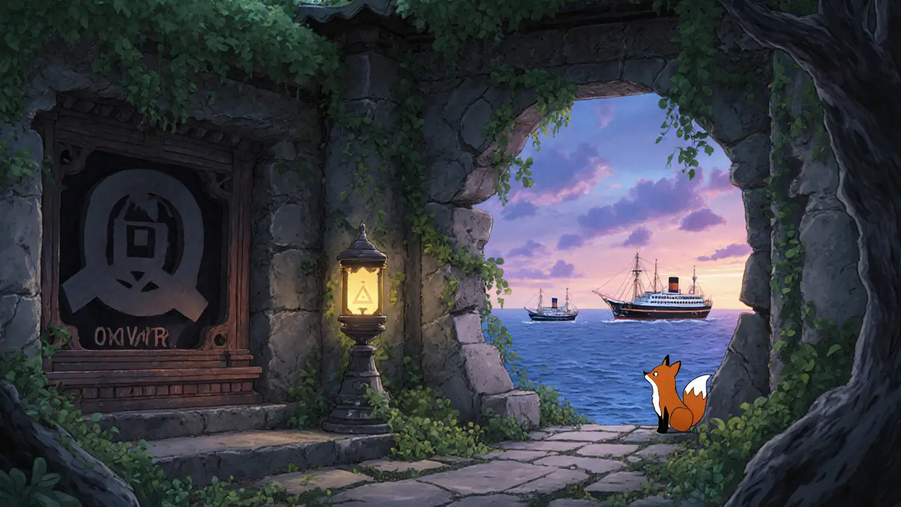 An overgrown temple with the PRIVIX address inscribed, a lone lantern glowing as ships sail away in the distance.