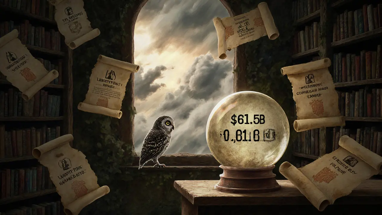 An owl watches a fading crystal ball showing false trading volume in a dusty, overgrown library of crypto scrolls.