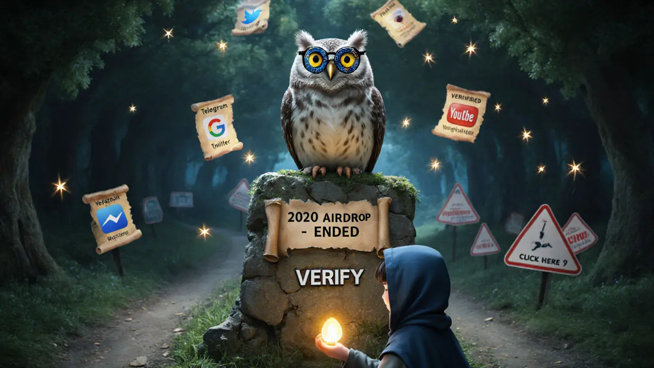 An owl with circuit board spectacles guides a traveler between verified crypto projects and scam websites.