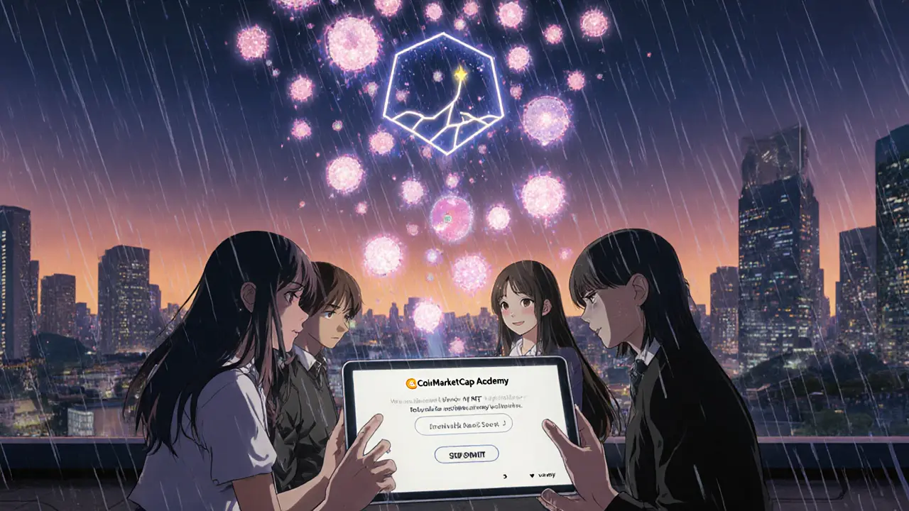 Anime characters submit a CoinMarketCap quiz on a rooftop as digital cherry blossoms turn into NFTs.