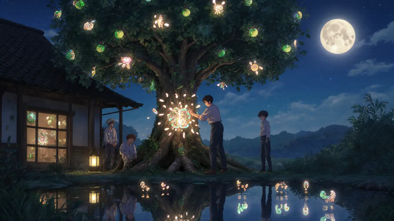 Artisans tend to a living blockchain tree bearing NFP tokens and AI art under lantern light at dusk.