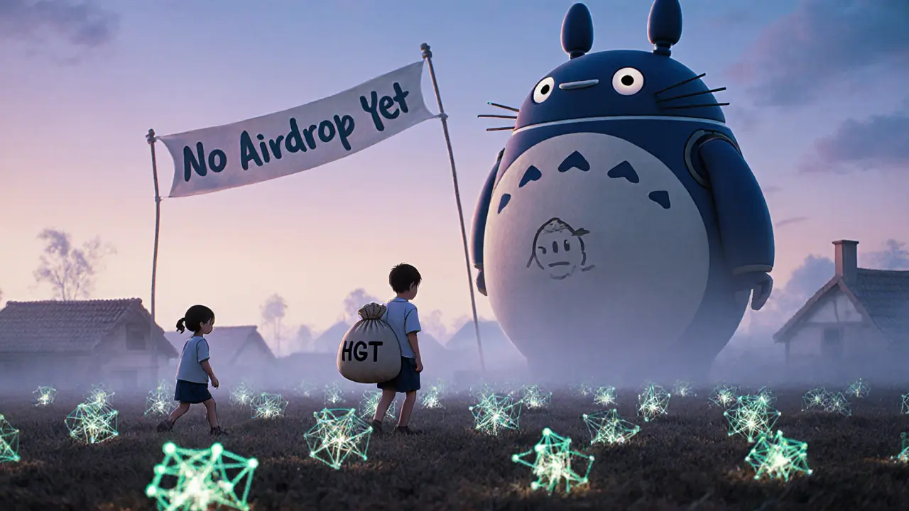 Children plant network seedlings at dawn, a silent robot carries an empty HGT sack into the mist.