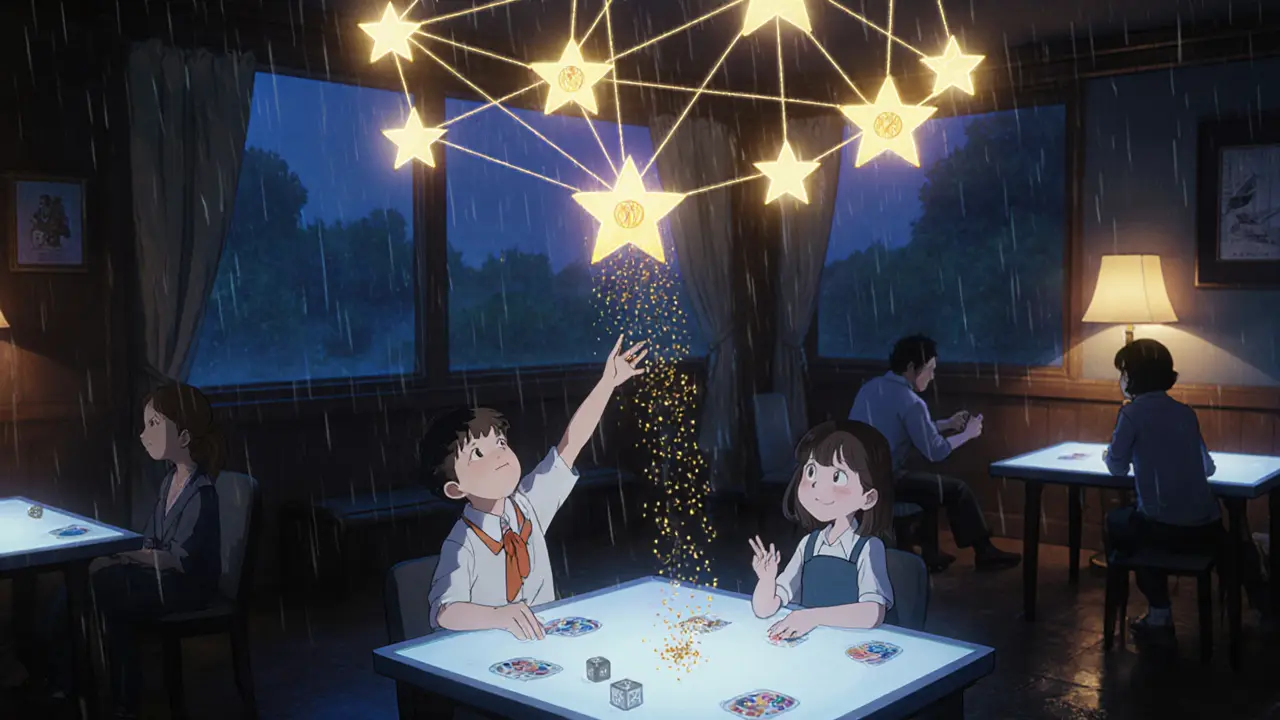 Children playing games under a glowing oracle network of stars, with golden sparks falling as rewards.