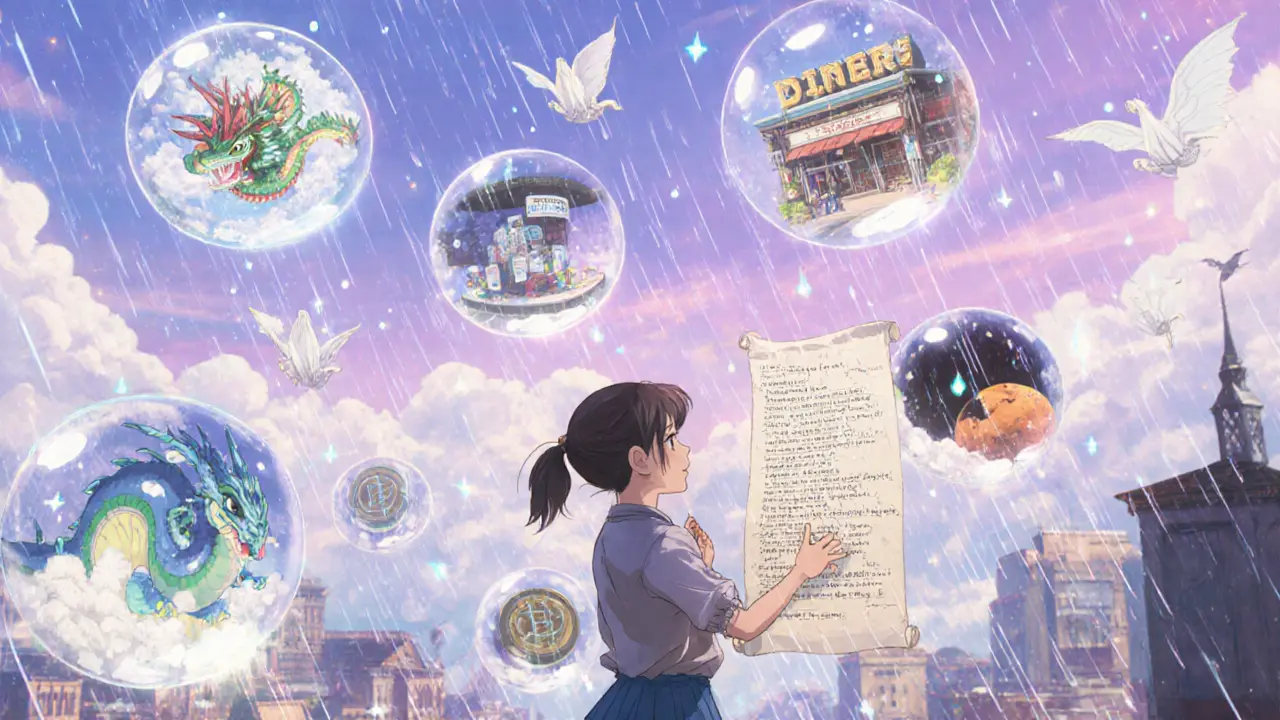 Collectors browse glowing AI-NFTs with floating text prompts in a dreamy cloud-city marketplace under pastel skies.