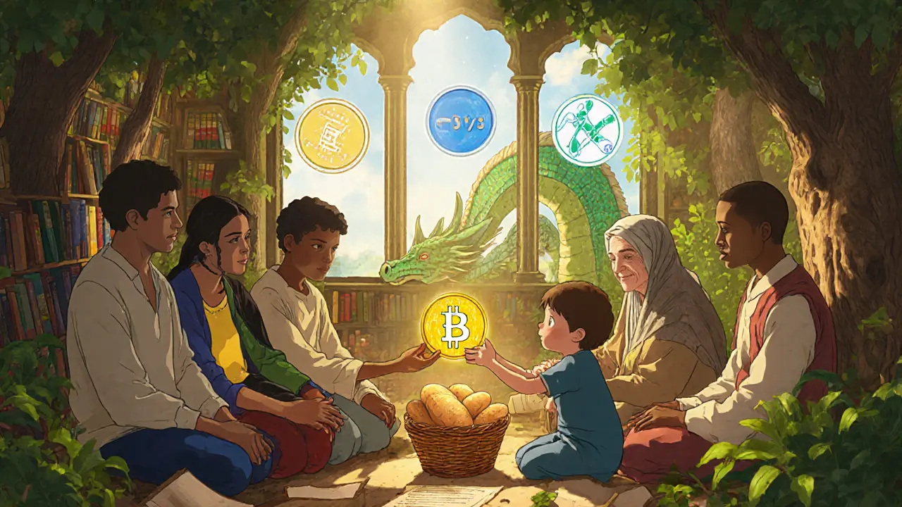 Diverse people share stablecoins in a treehouse library made of crypto, as a dragon made of blockchain code sleeps peacefully outside.