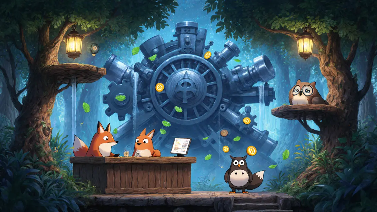 Fox spirits trade WOETH tokens in a lantern-lit DeFi marketplace under a glowing smart contract.