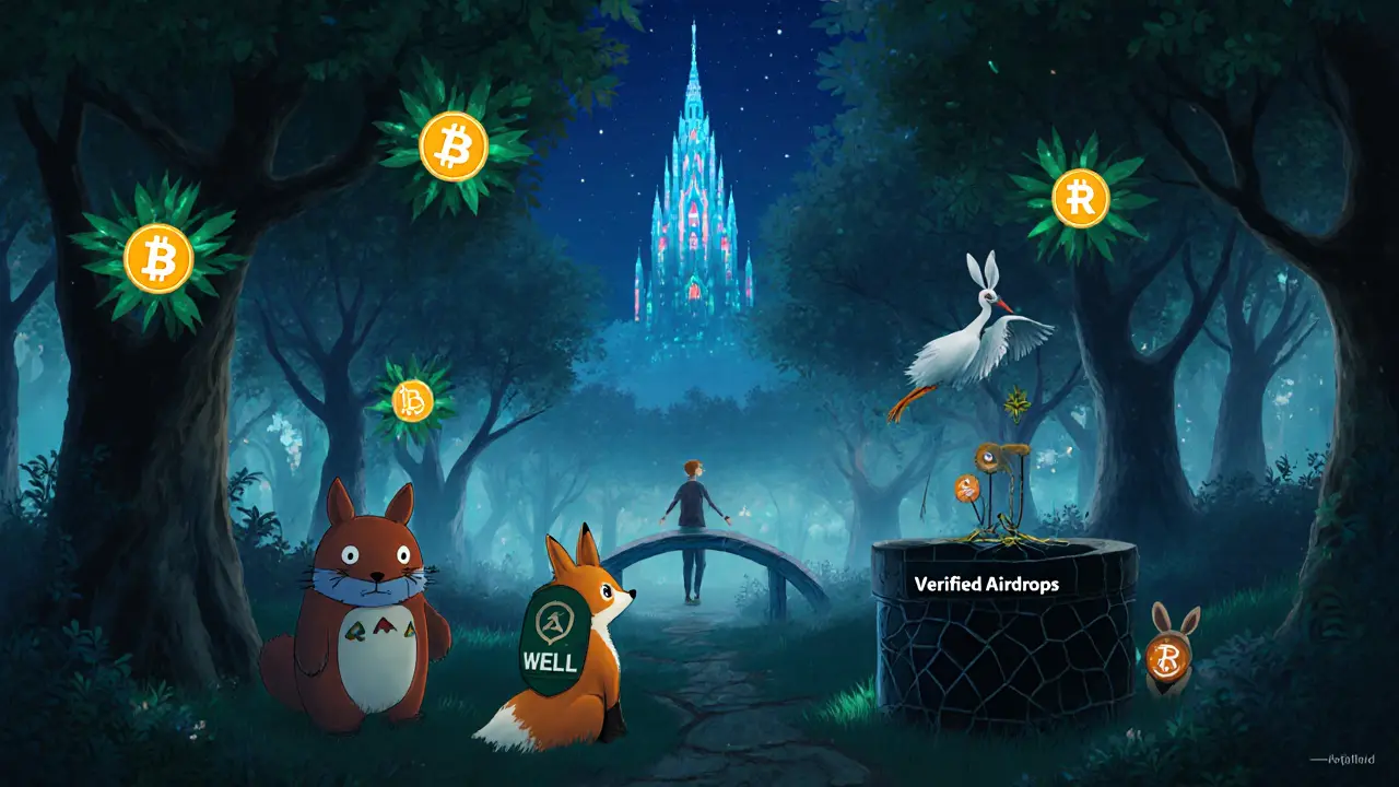 Friendly spirit animals guide a traveler away from a dark well toward a radiant tower of verified airdrops in a glowing digital forest.