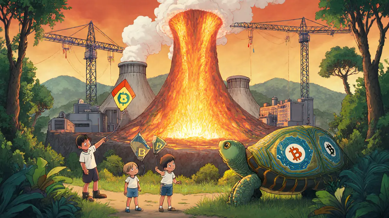 Geothermal mining plant in El Salvador surrounded by rainforest and children playing