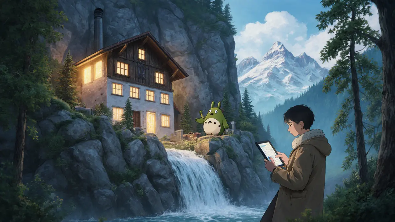 Swiss mountain mining facility powered by a stream, with a gentle forest spirit watching