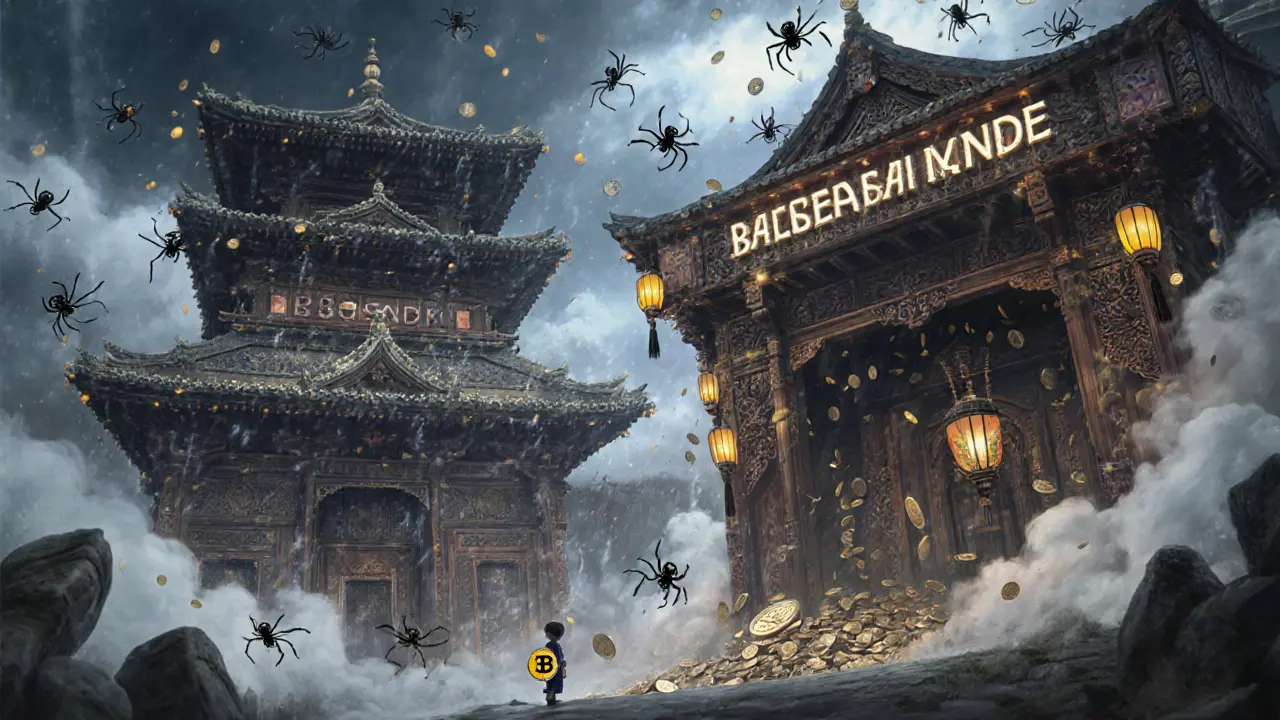 Two ancient exchange towers, Garantex and Nobitex, loom over a landscape of collapsing currency and glowing stablecoins held by a child.