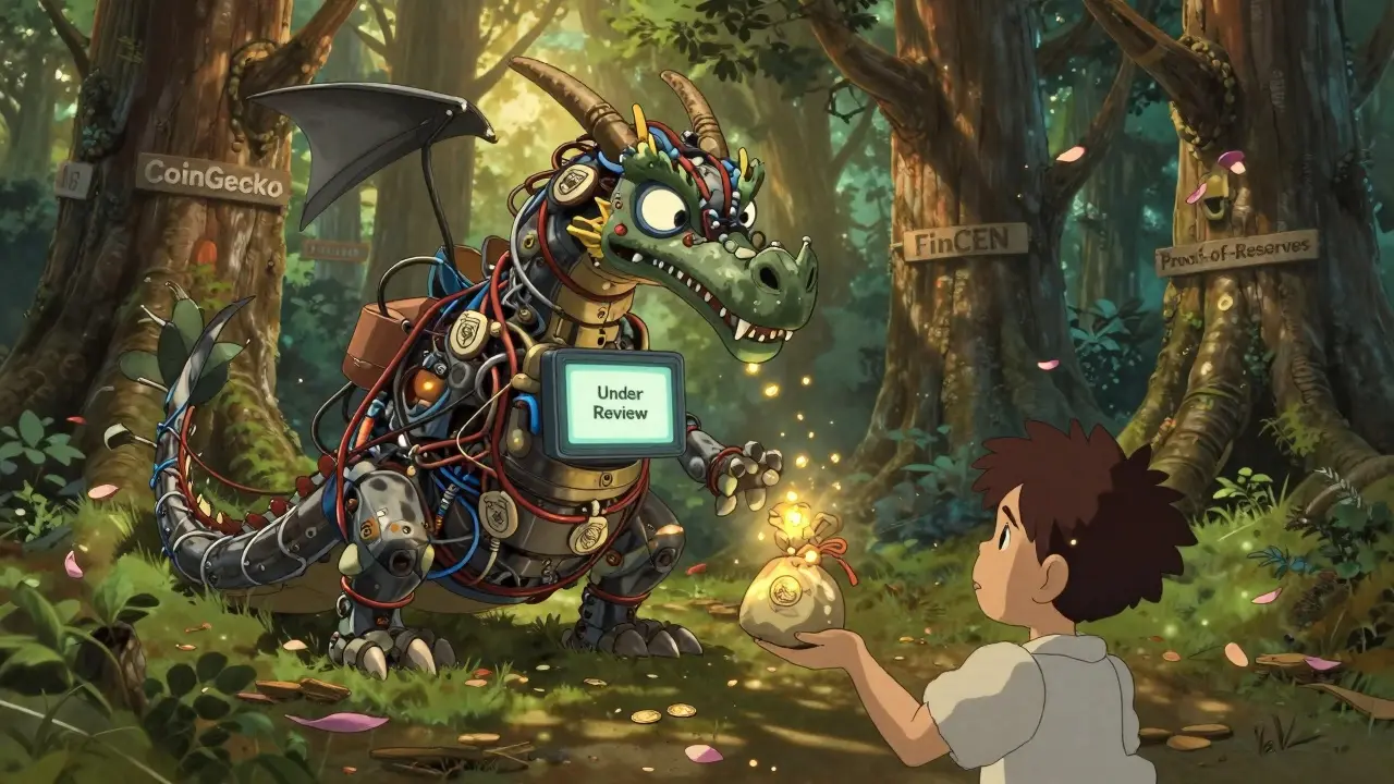 A child deposits coins into a mechanical dragon made of fake security badges, while real exchanges tower behind.